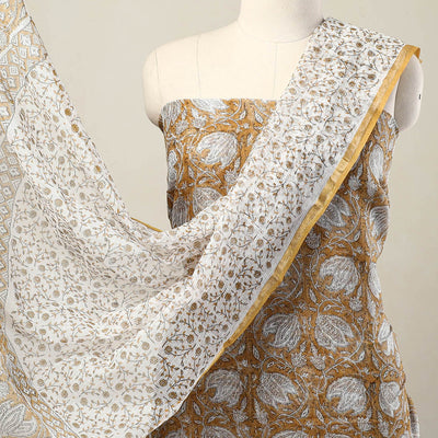 Brown - 3pc Sanganeri Block Print Kota Cotton Dress Material 12