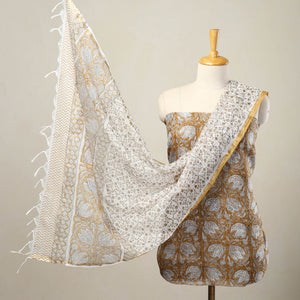 Brown - 3pc Sanganeri Block Print Kota Cotton Dress Material 12