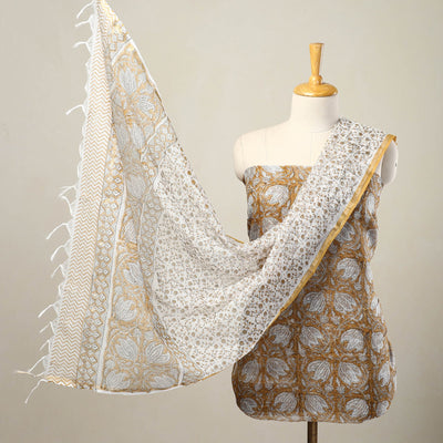 Brown - 3pc Sanganeri Block Print Kota Cotton Dress Material 12