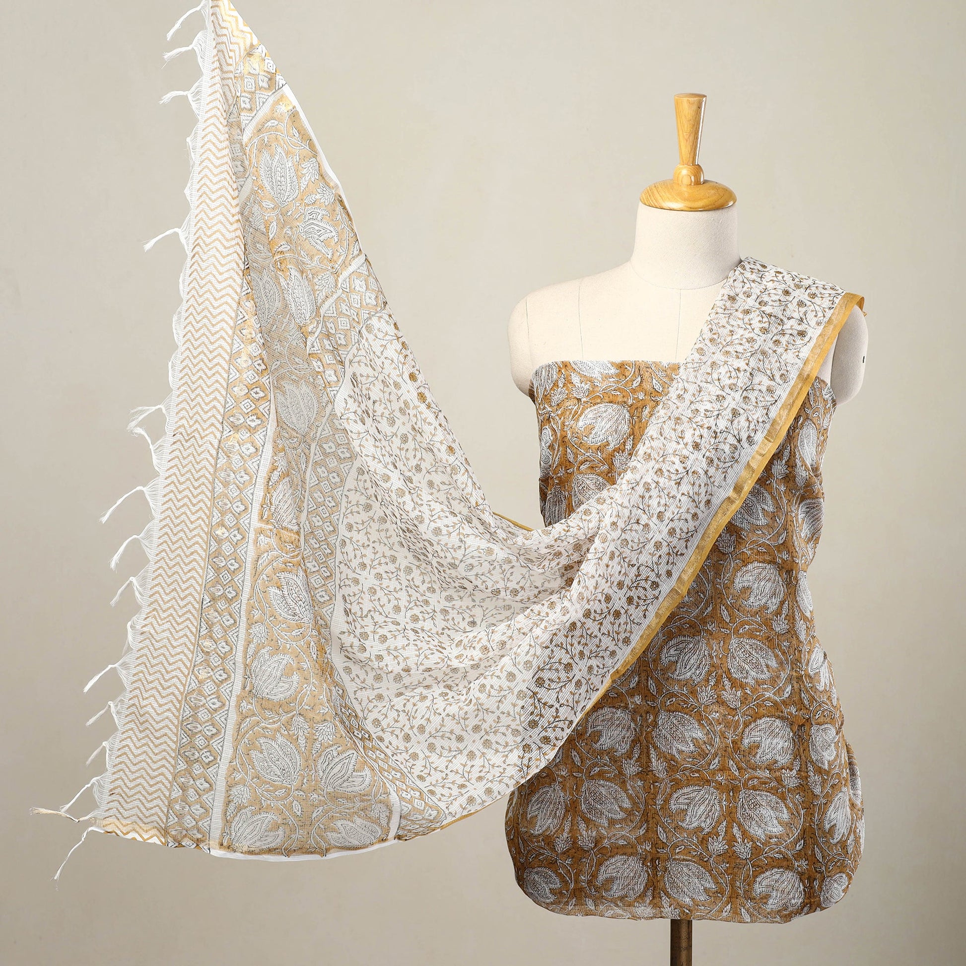 Brown - 3pc Sanganeri Block Print Kota Cotton Dress Material 12