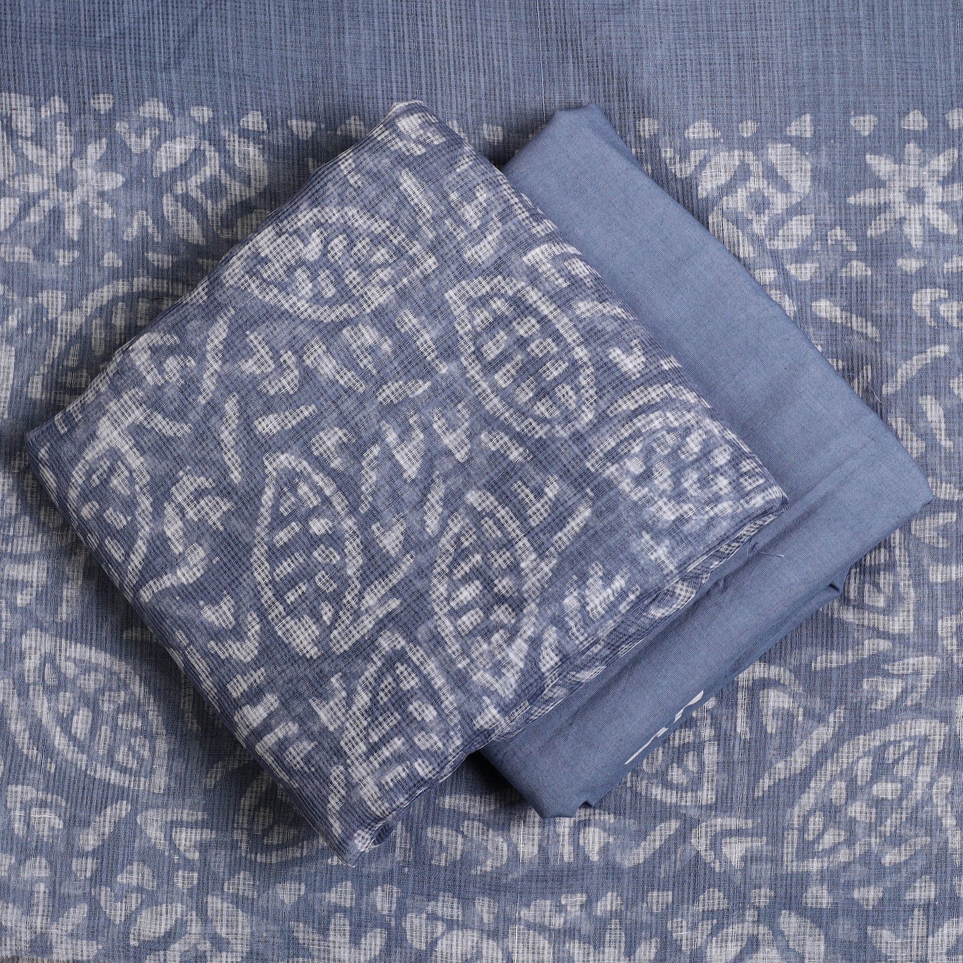 Blue - 3pc Block Print Kota Cotton Batik Dress Material 07