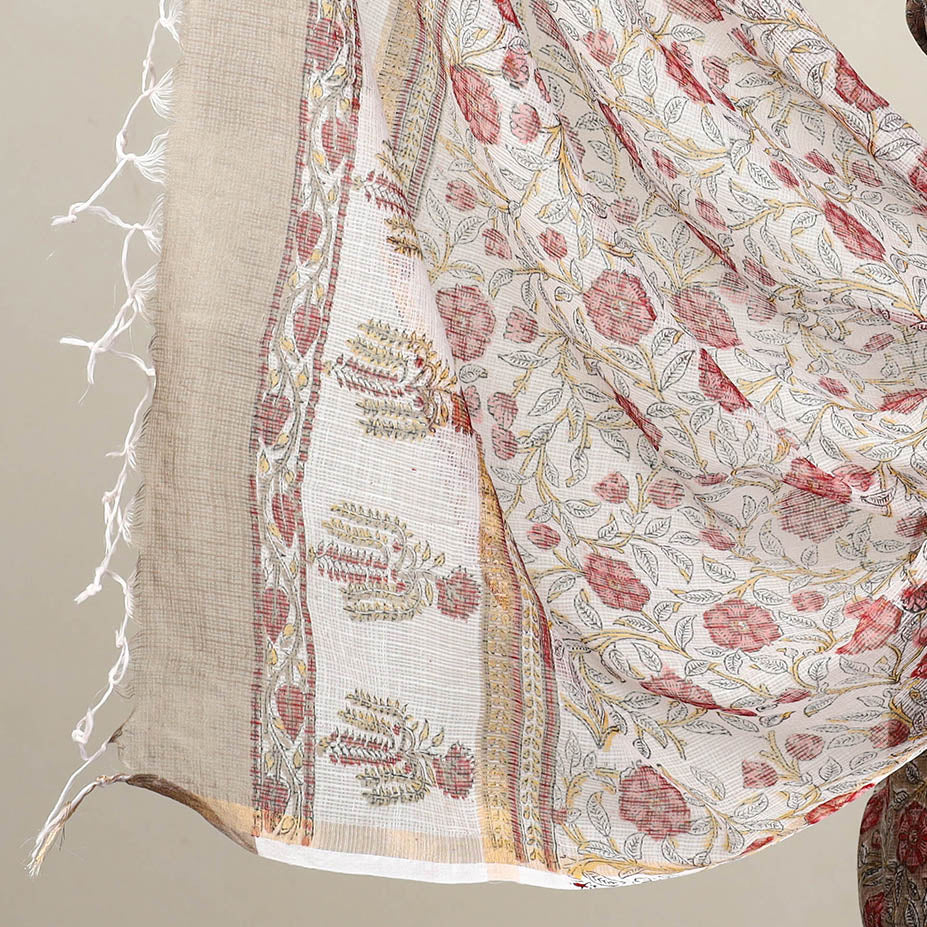 Brown - 3pc Sanganeri Block Print Kota Cotton Dress Material 14