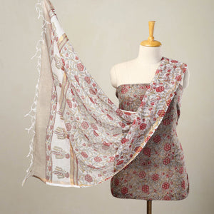 Brown - 3pc Sanganeri Block Print Kota Cotton Dress Material 14