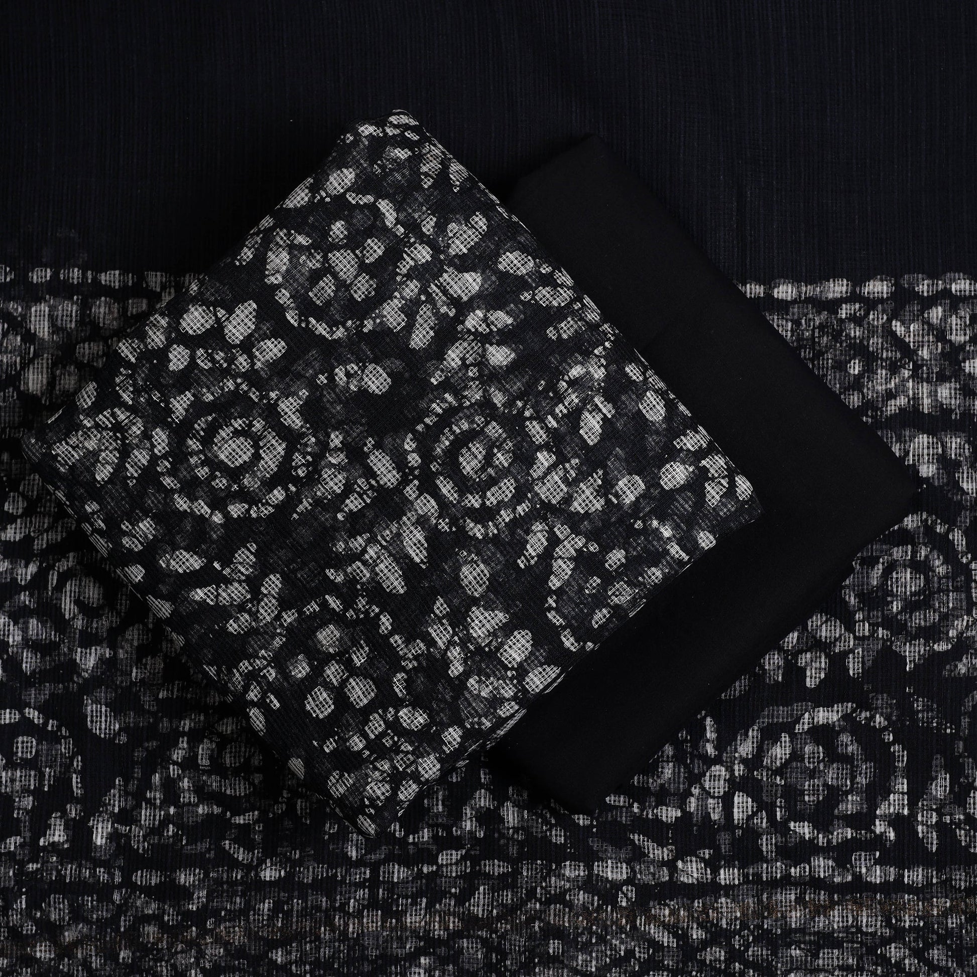 Black - 3pc Block Print Kota Cotton Batik Dress Material 08