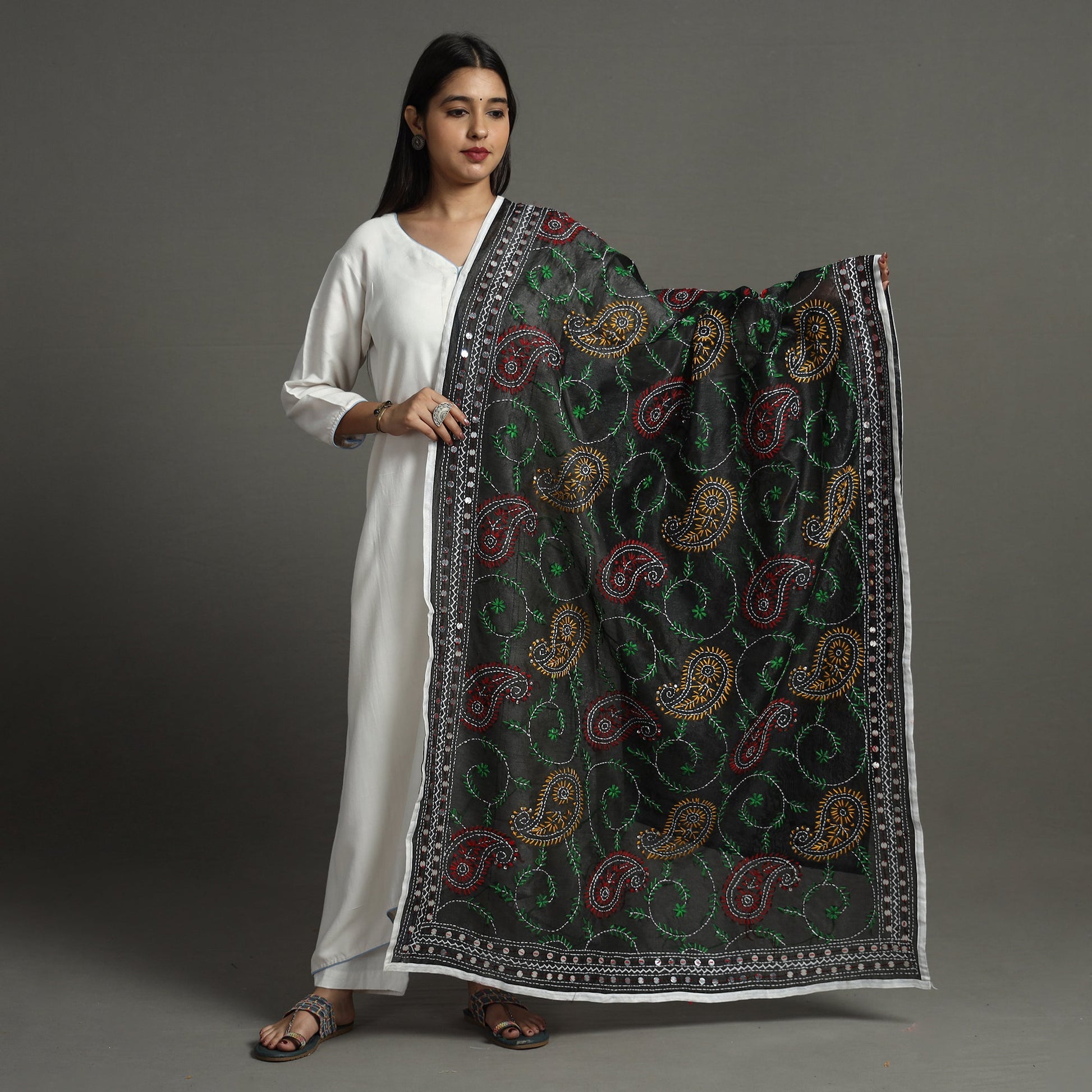 Black - Ranihati Chanderi Silk Chapa Work Phulkari Embroidery Dupatta 72