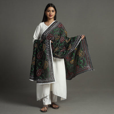 Black - Ranihati Chanderi Silk Chapa Work Phulkari Embroidery Dupatta 72