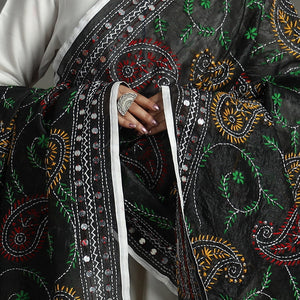 Black - Ranihati Chanderi Silk Chapa Work Phulkari Embroidery Dupatta 72