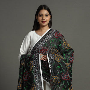 Black - Ranihati Chanderi Silk Chapa Work Phulkari Embroidery Dupatta 72