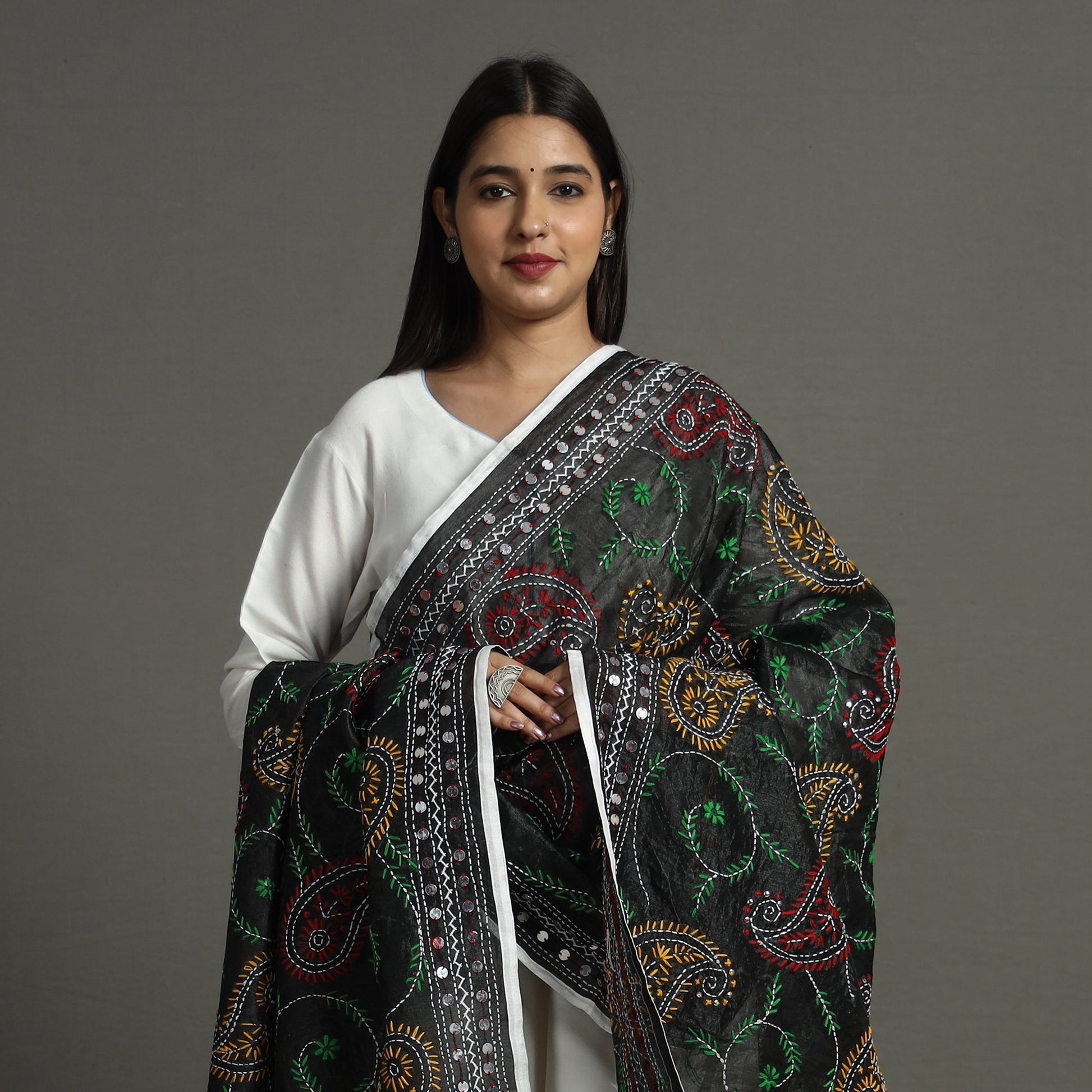 Black - Ranihati Chanderi Silk Chapa Work Phulkari Embroidery Dupatta 72