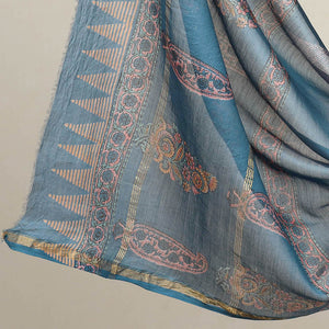 Blue - 3pc Sanganeri Block Print Chanderi Silk Dress Material 17