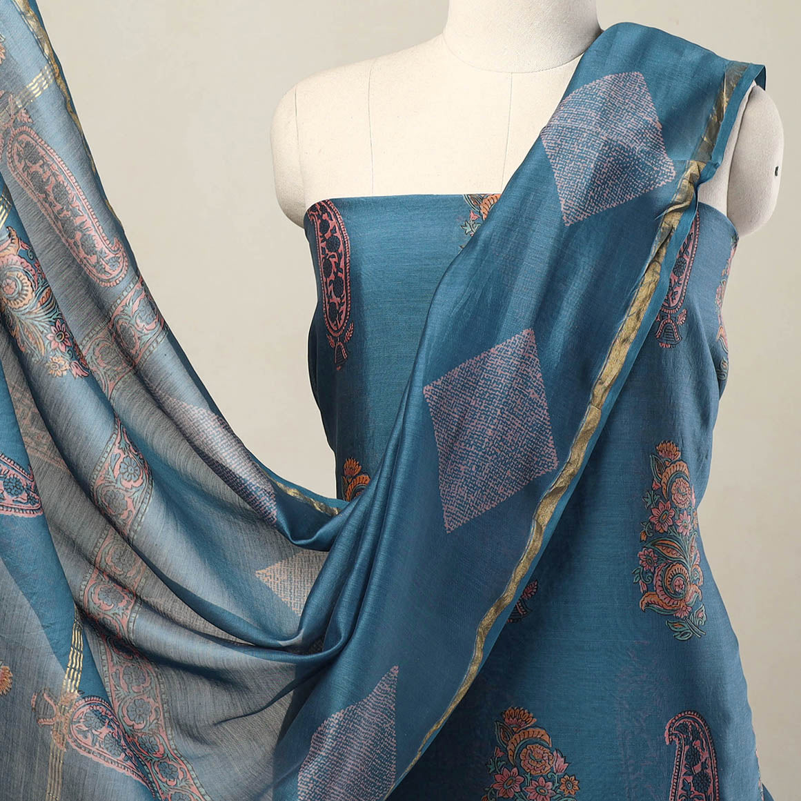 Blue - 3pc Sanganeri Block Print Chanderi Silk Dress Material 17