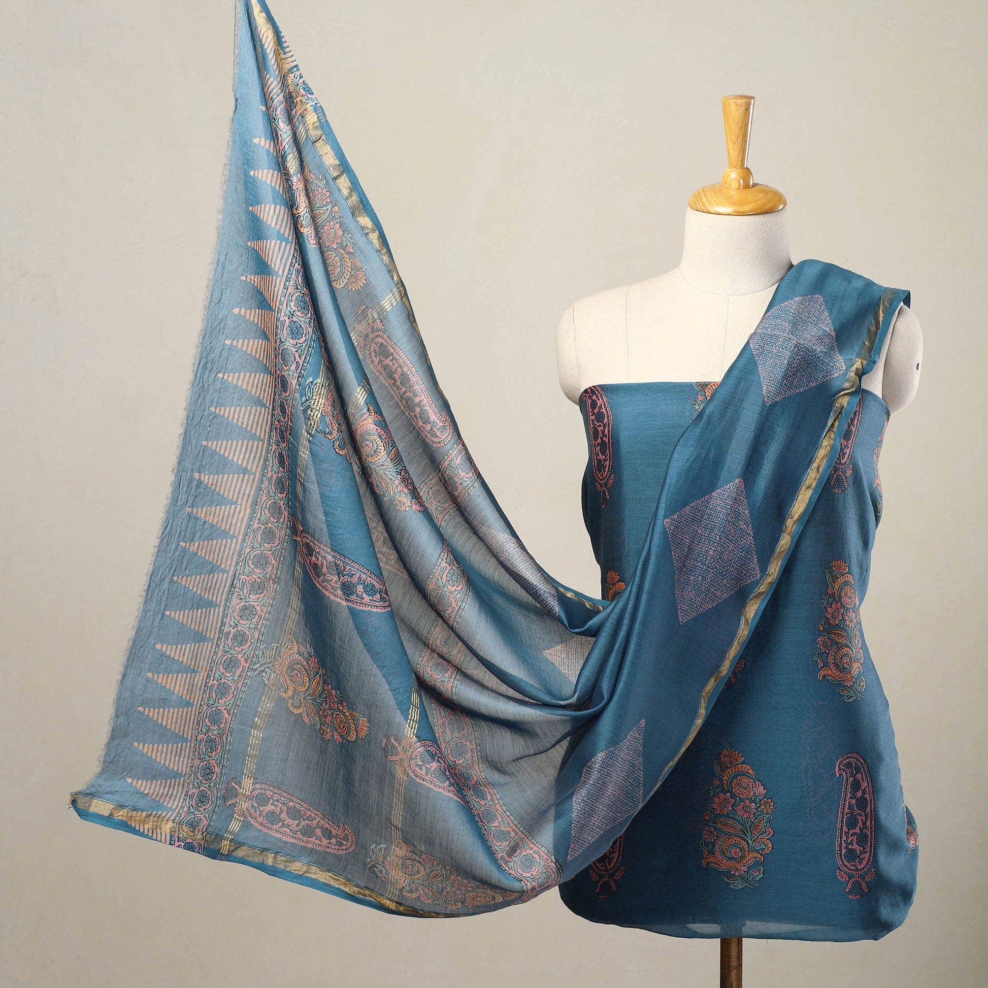 Blue - 3pc Sanganeri Block Print Chanderi Silk Dress Material 17