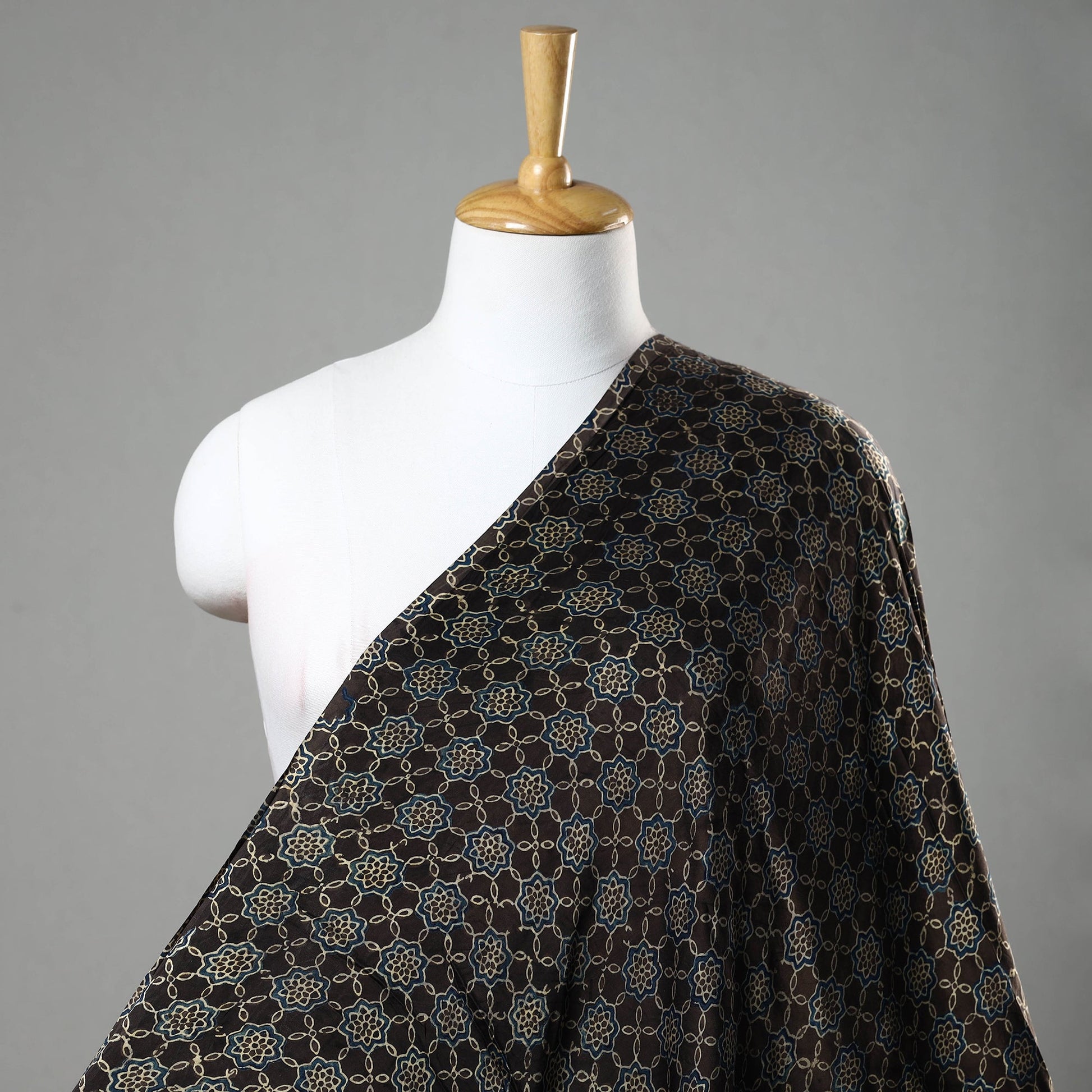 Black - Ajrakh Block Printed Natural Dyed Modal Silk Fabric 05
