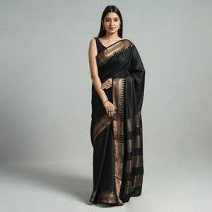 Black - Vidarbha Tussar Bamboo Cotton Handloom Zari Border Saree 20
