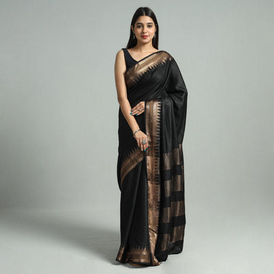 Black - Vidarbha Tussar Bamboo Cotton Handloom Zari Border Saree 20
