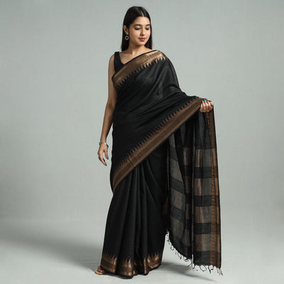 Black - Vidarbha Tussar Bamboo Cotton Handloom Zari Border Saree 20
