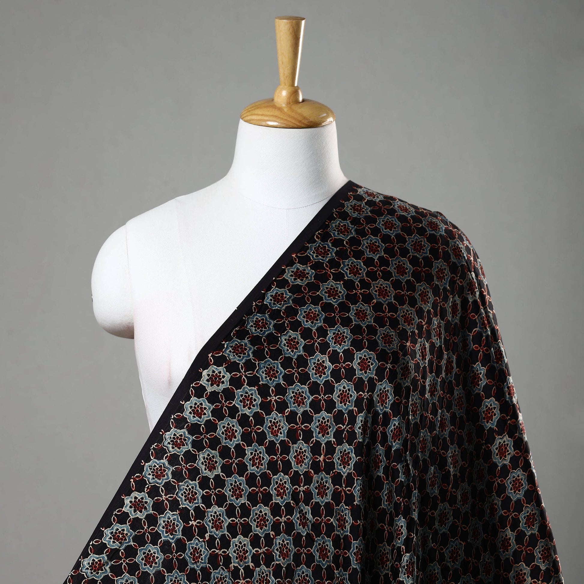 Black - Ajrakh Block Printed Natural Dyed Modal Silk Fabric 03