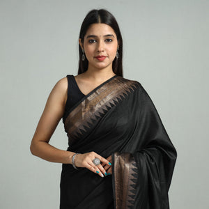 Black - Vidarbha Tussar Bamboo Cotton Handloom Zari Border Saree 20