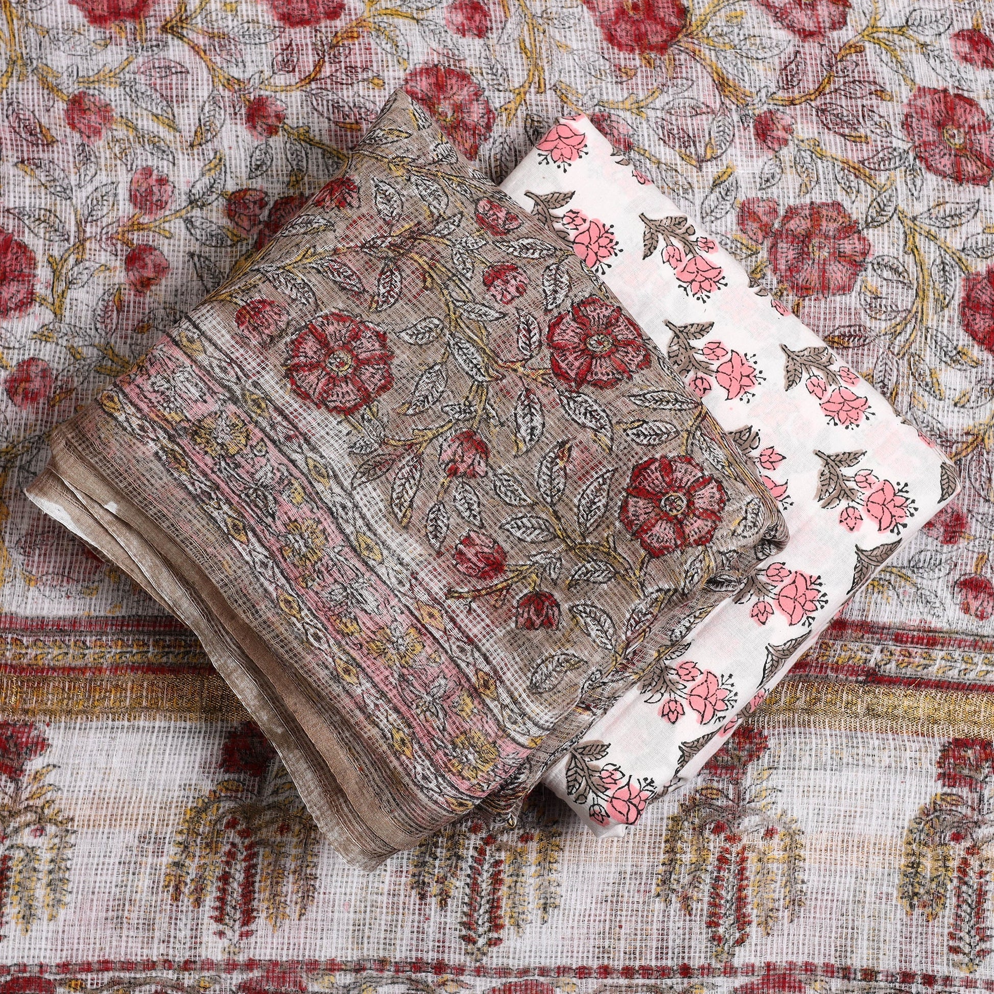 Brown - 3pc Sanganeri Block Print Kota Cotton Dress Material 14