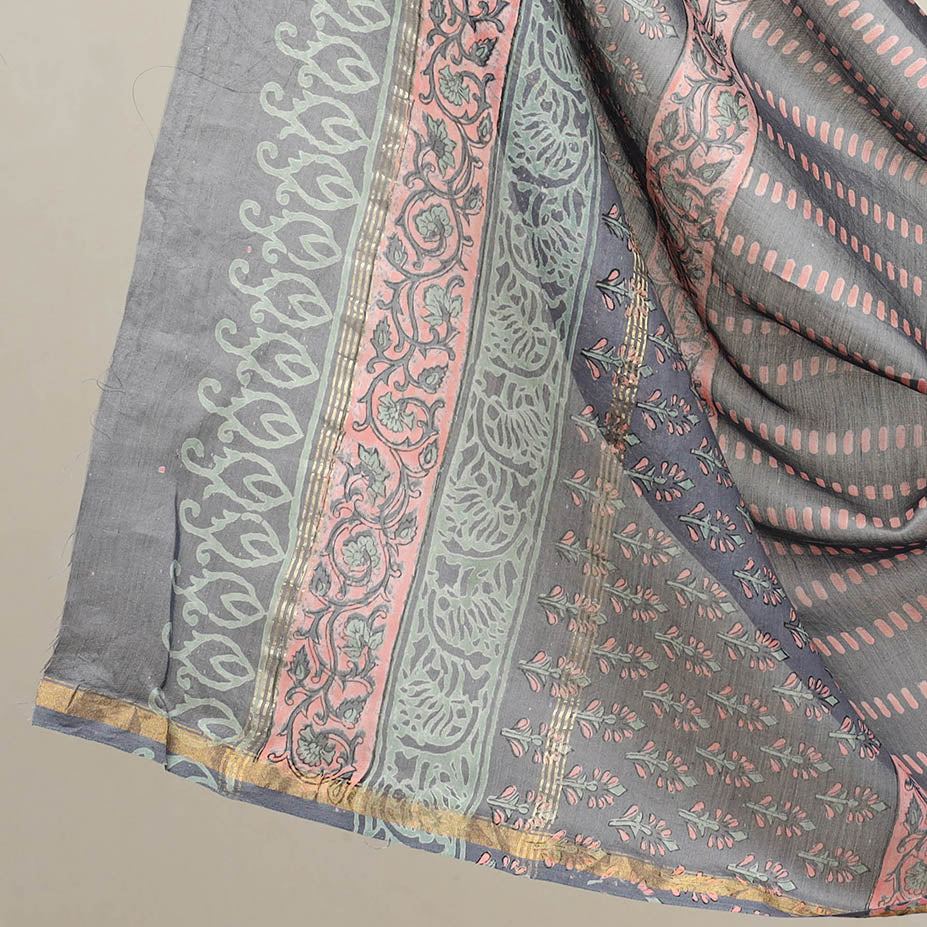 Blue - 3pc Sanganeri Block Print Chanderi Silk Dress Material 21
