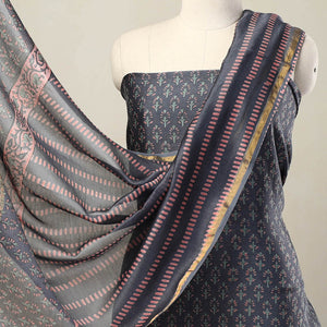 Blue - 3pc Sanganeri Block Print Chanderi Silk Dress Material 21