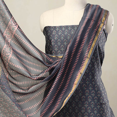 Blue - 3pc Sanganeri Block Print Chanderi Silk Dress Material 21