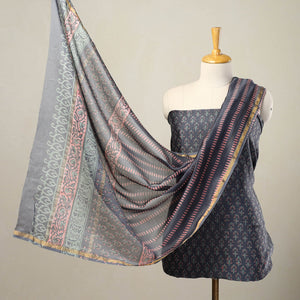 Blue - 3pc Sanganeri Block Print Chanderi Silk Dress Material 21