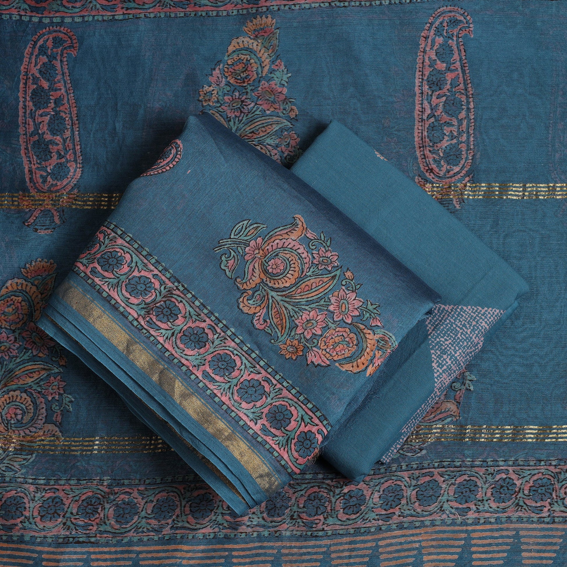 Blue - 3pc Sanganeri Block Print Chanderi Silk Dress Material 17