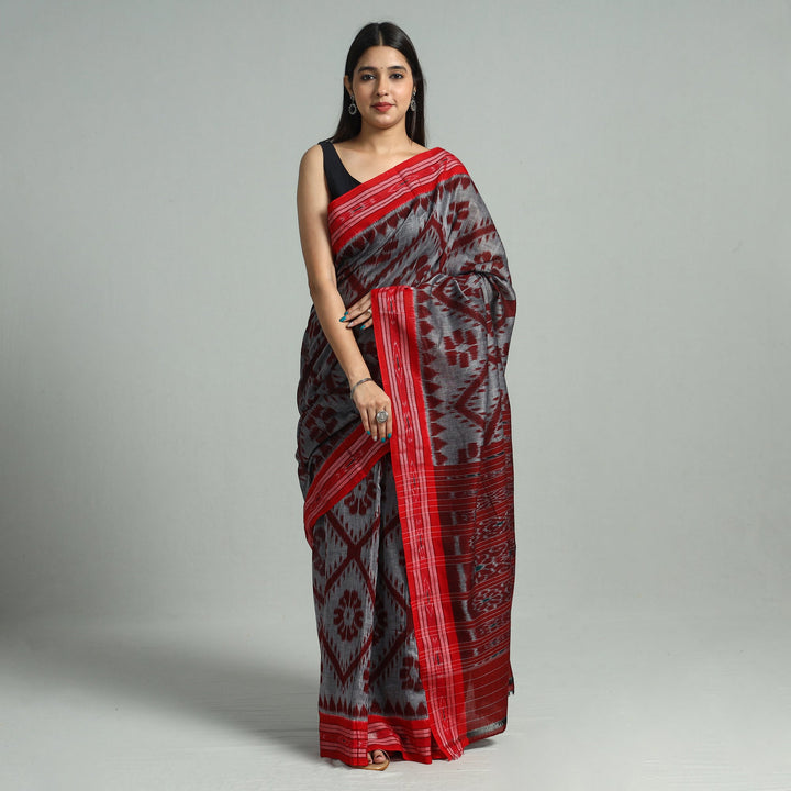 Grey - Maniabandha Ikat Weave Handloom Cotton Saree 23