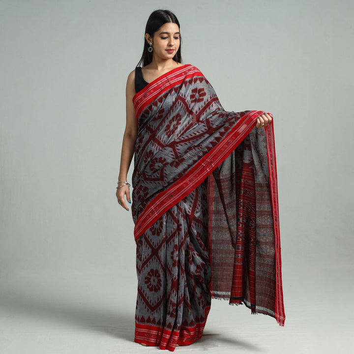 Grey - Maniabandha Ikat Weave Handloom Cotton Saree 23