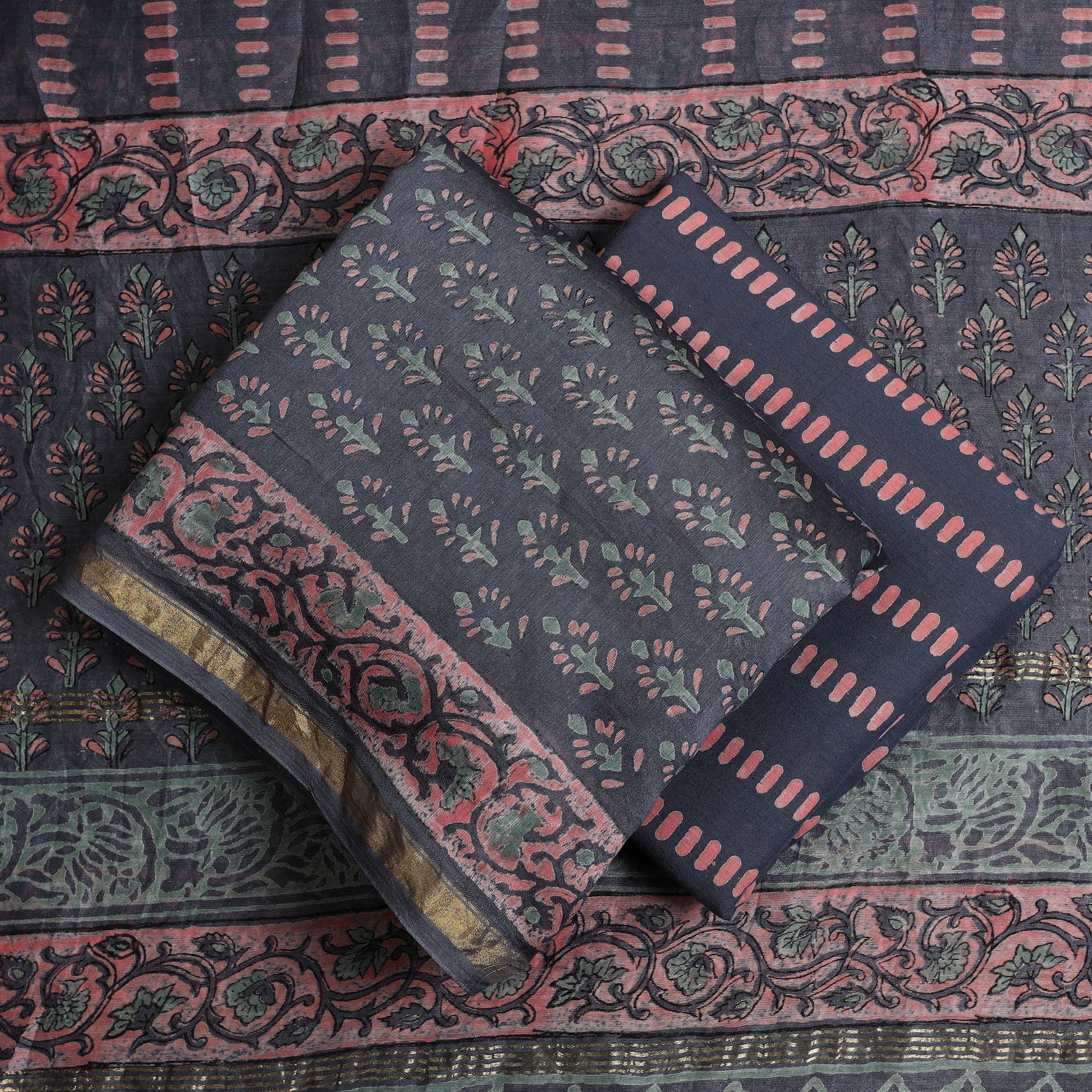 Blue - 3pc Sanganeri Block Print Chanderi Silk Dress Material 21