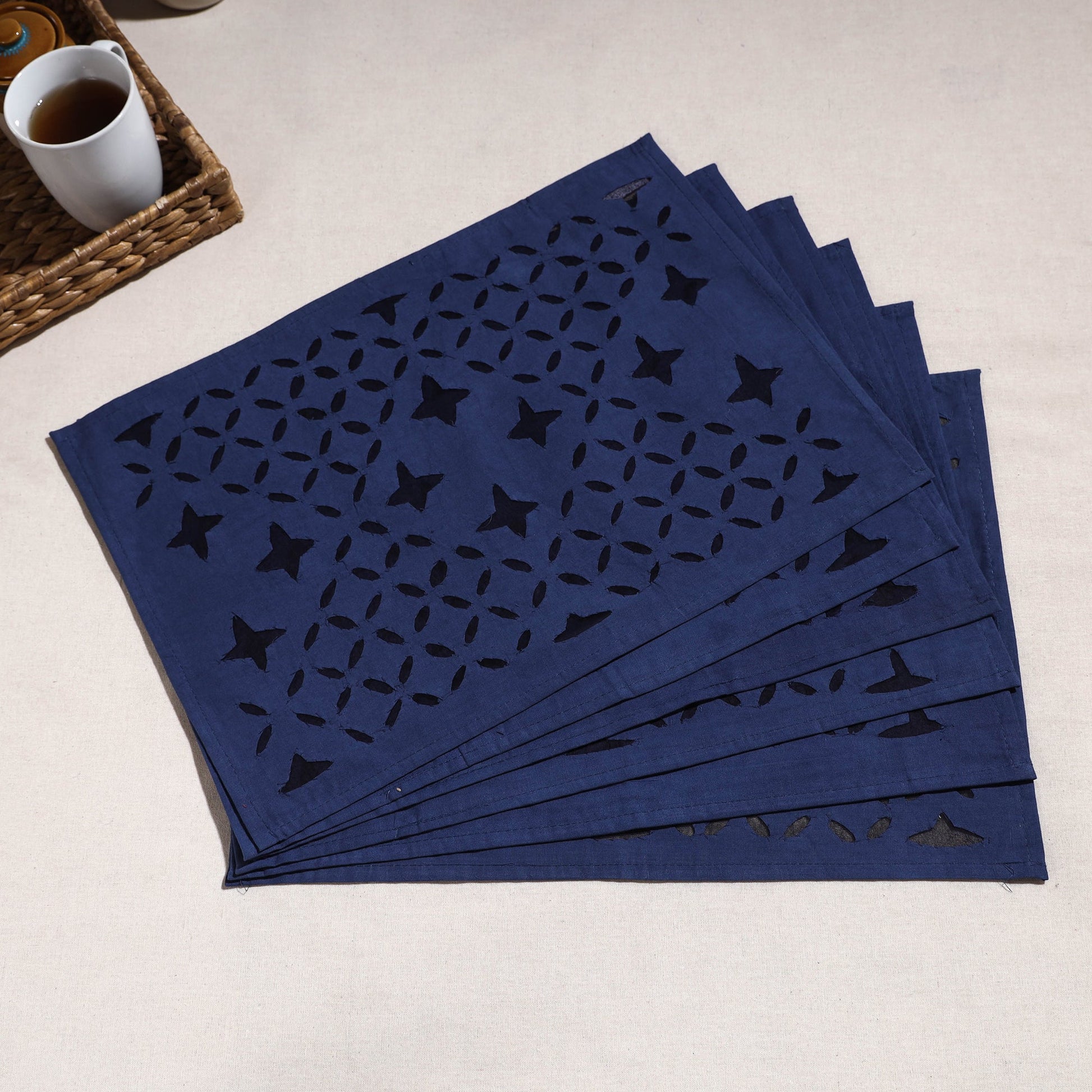 Blue - Applique Cut work Cotton Table Mats (set of 6)
