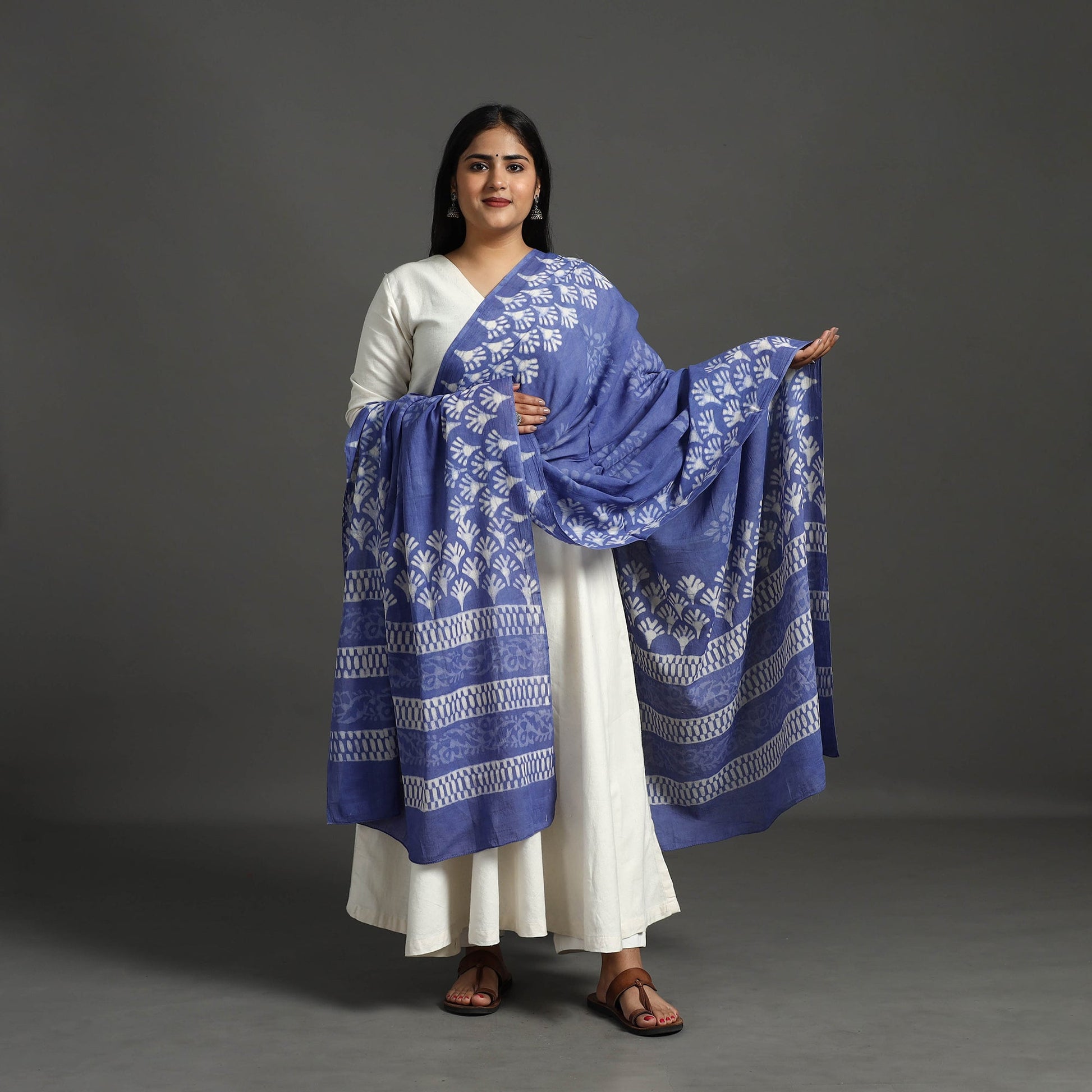 Blue - Block Print Mul Cotton Dabu Bagru Dupatta 02