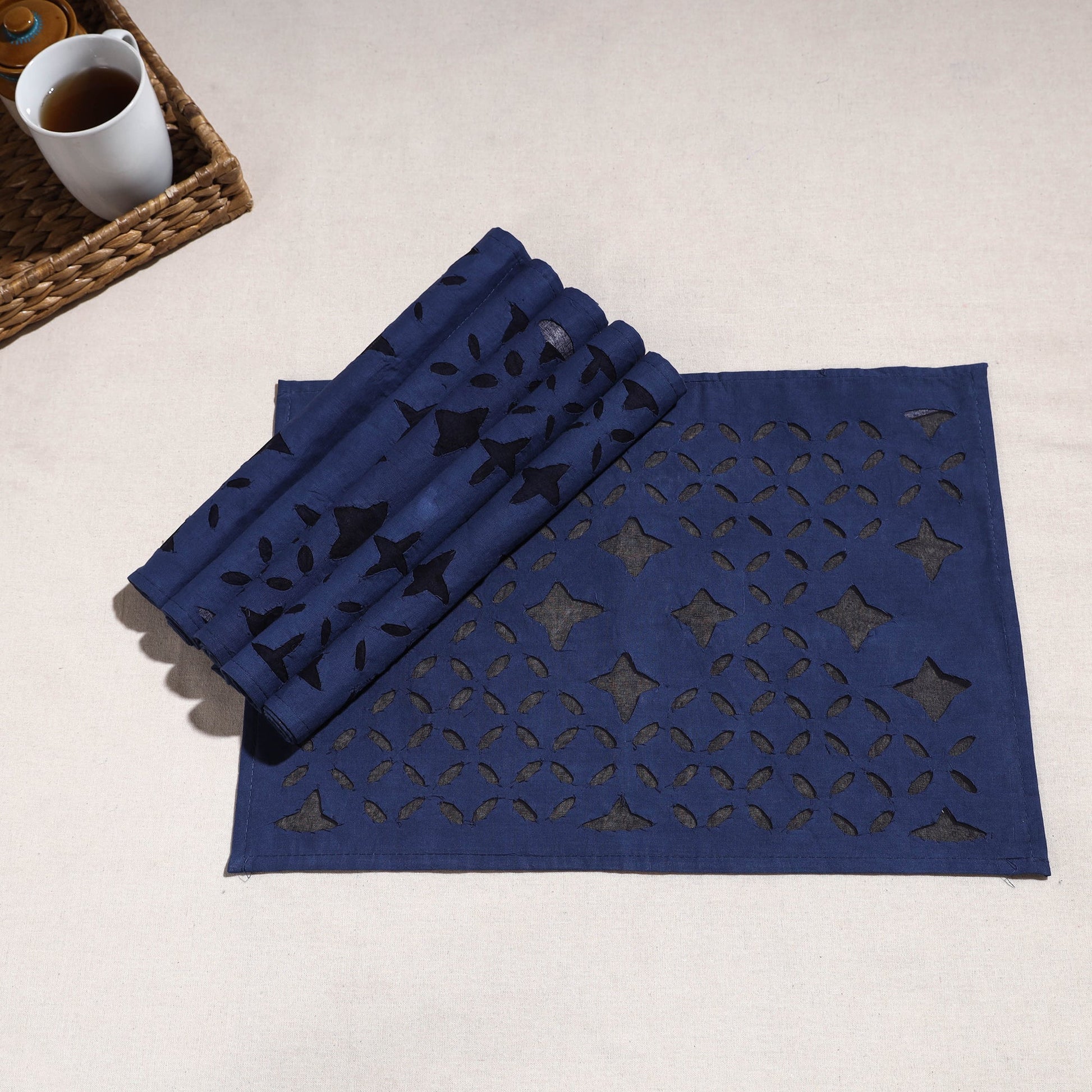 Blue - Applique Cut work Cotton Table Mats (set of 6)