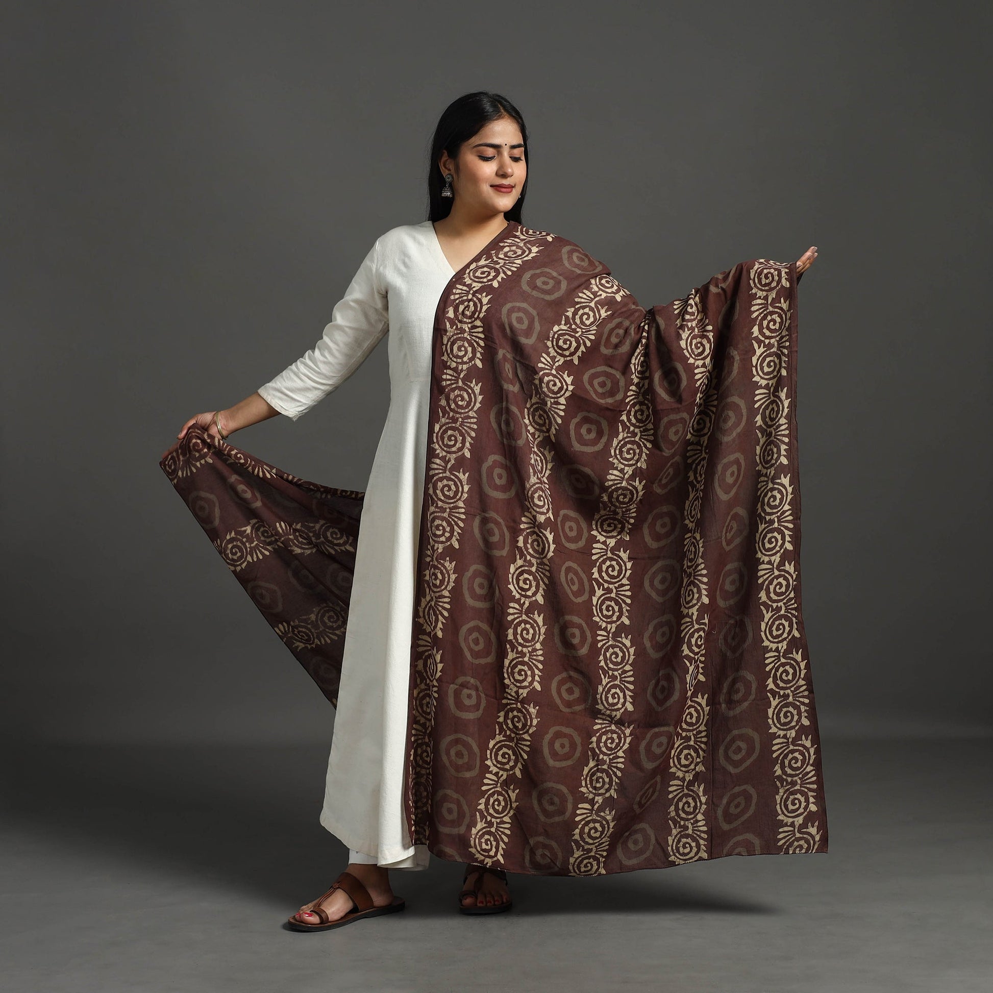 Brown - Block Print Mul Cotton Dabu Bagru Dupatta 03