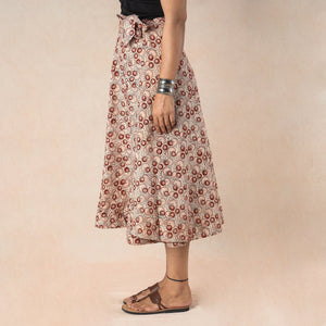 Beige - Kalamkari Block Printed Cotton Wrap Around Skirt