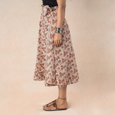 Beige - Kalamkari Block Printed Cotton Wrap Around Skirt