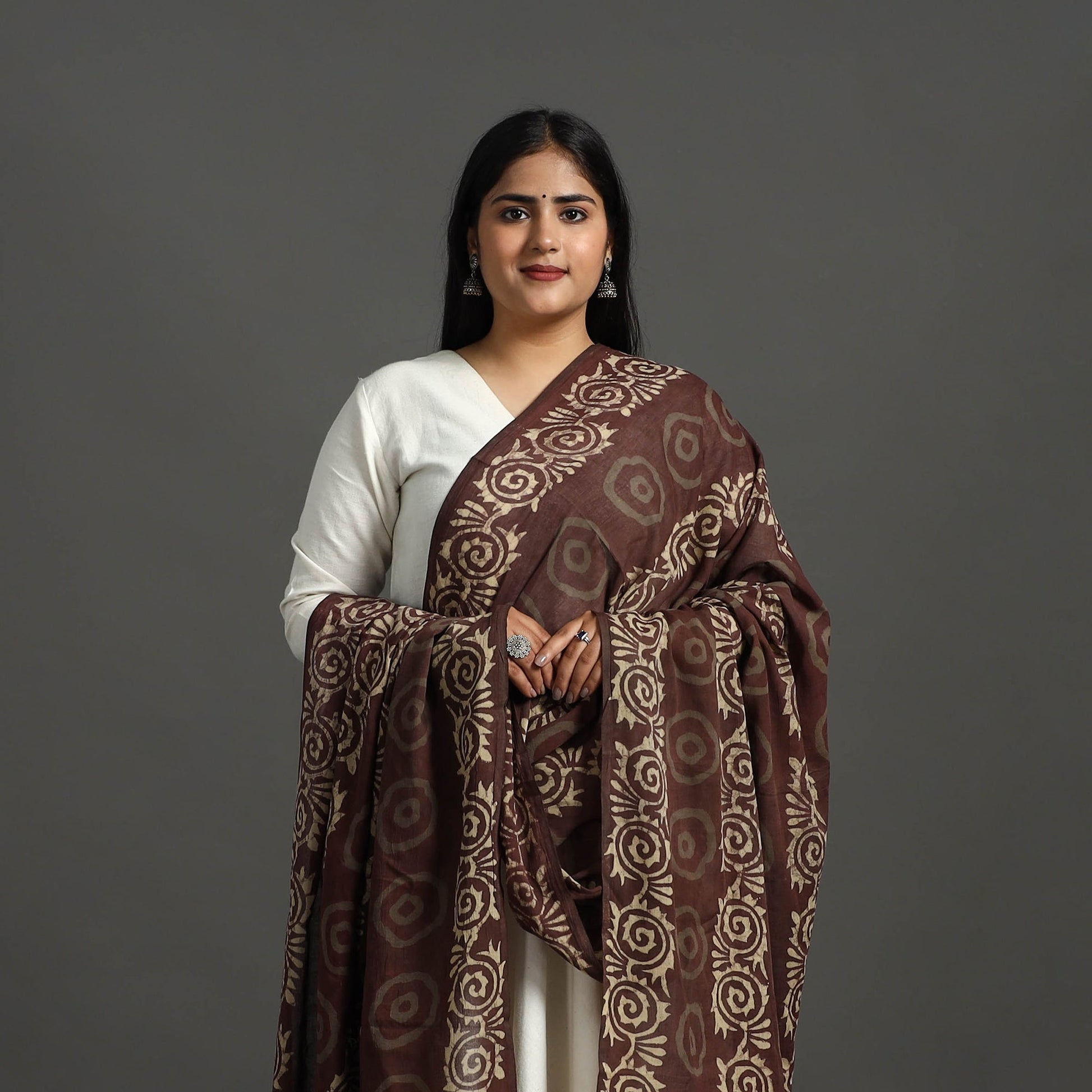 Brown - Block Print Mul Cotton Dabu Bagru Dupatta 03