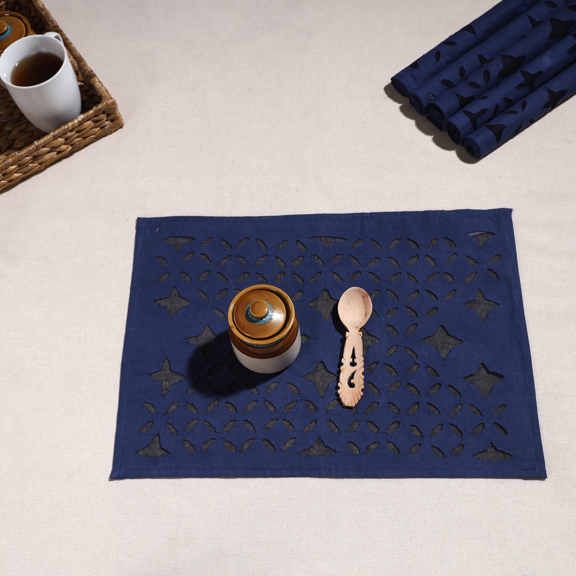 Blue - Applique Cut work Cotton Table Mats (set of 6)