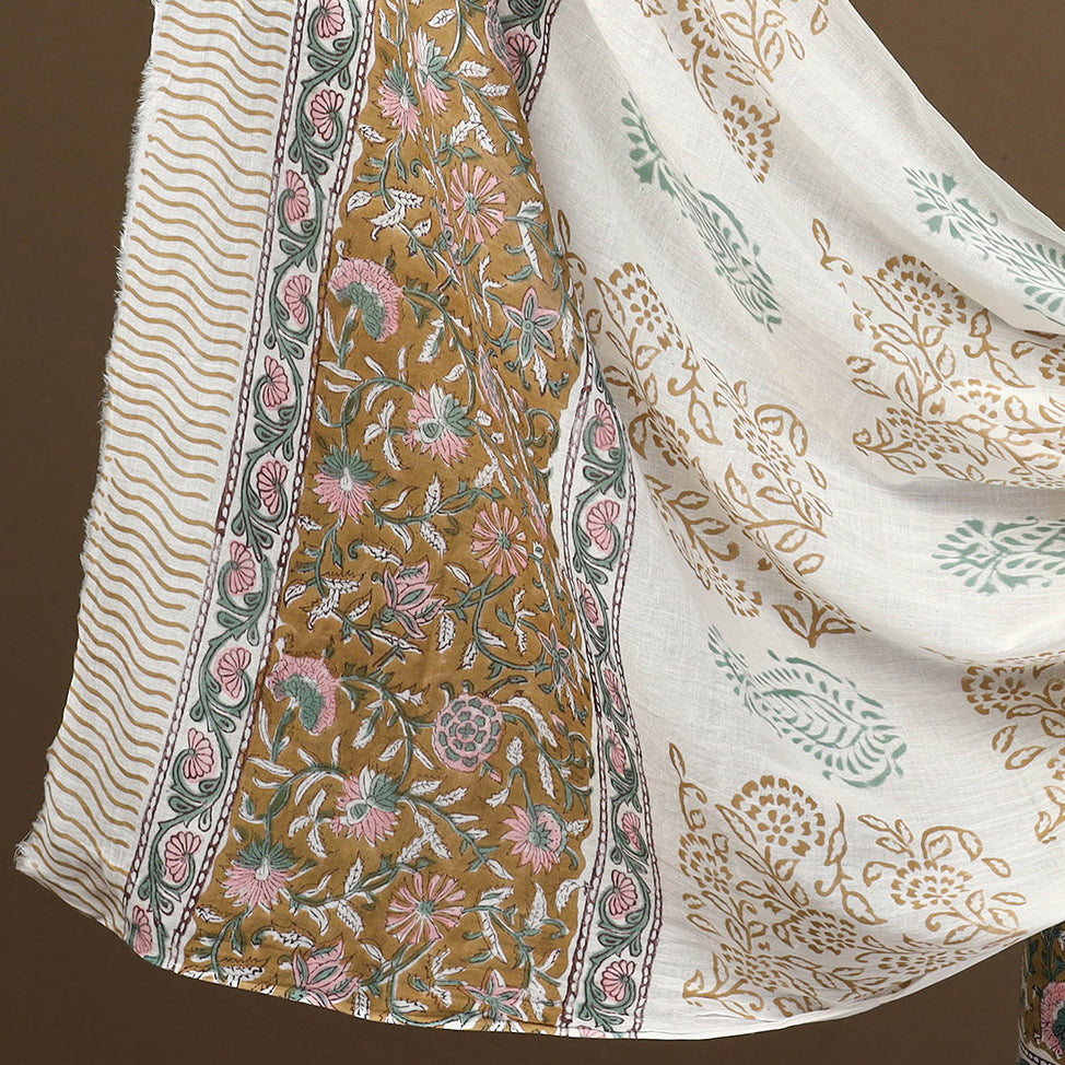 Brown - 3pc Sanganeri Block Print Cotton Dress Material 01
