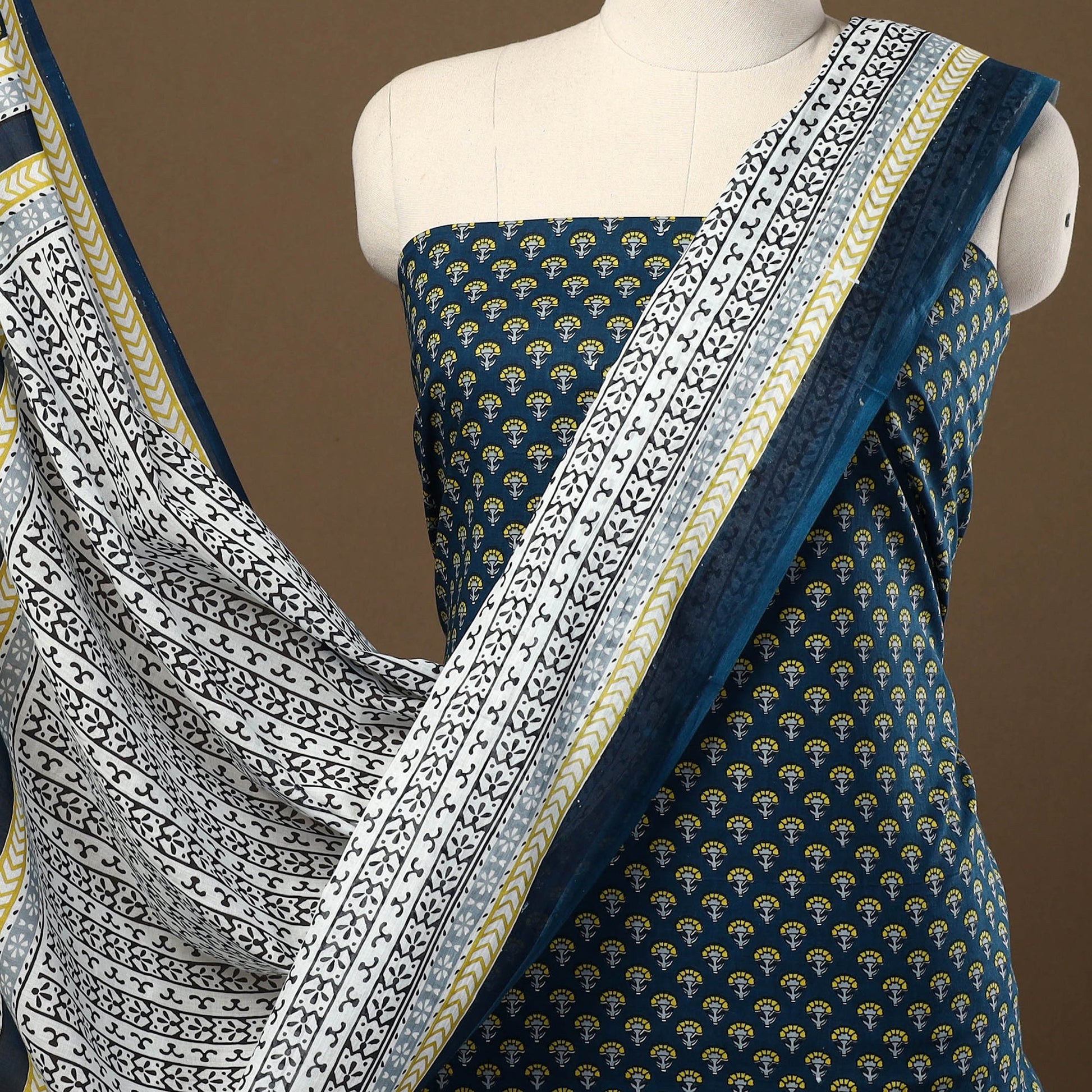 Blue - 3pc Sanganeri Block Print Cotton Dress Material 02