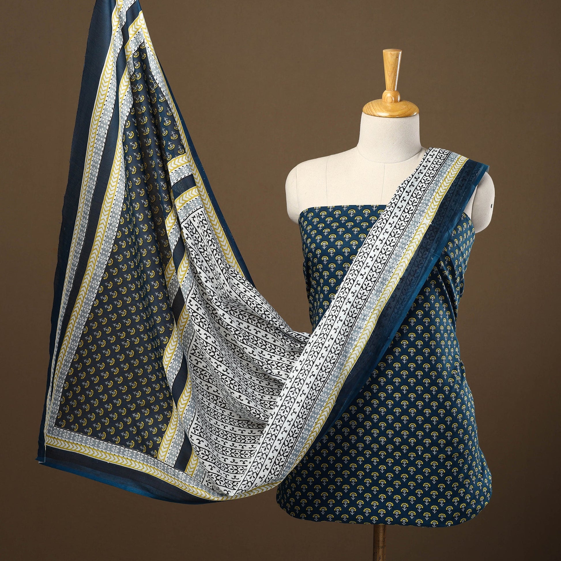Blue - 3pc Sanganeri Block Print Cotton Dress Material 02