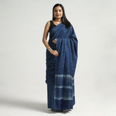Blue - Akola Hand Block Printed Cotton Saree