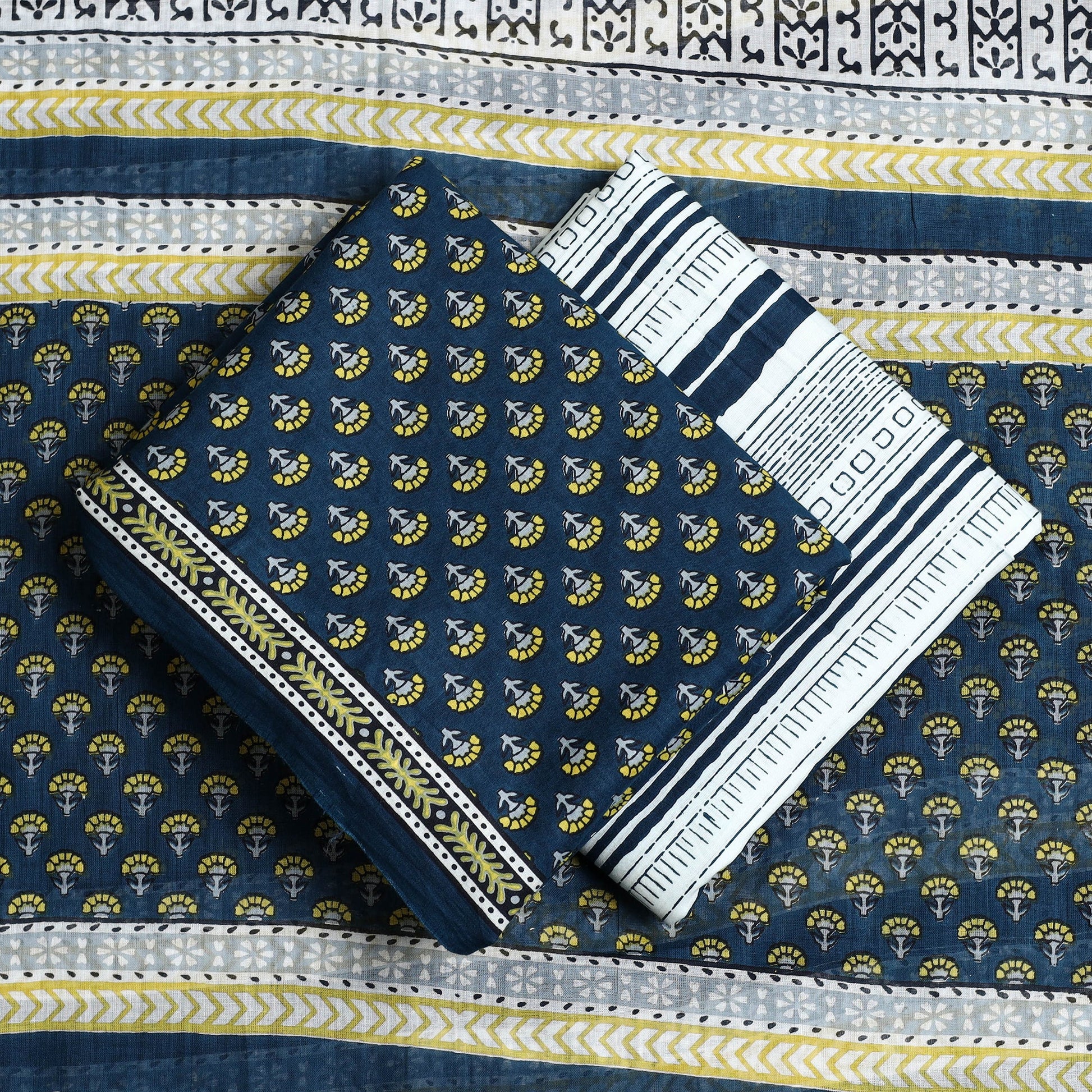 Blue - 3pc Sanganeri Block Print Cotton Dress Material 02