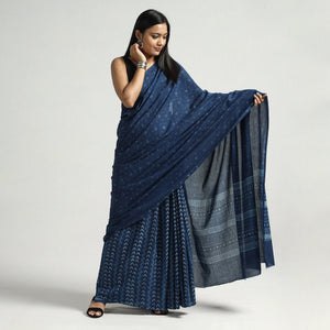 Blue - Akola Hand Block Printed Cotton Saree