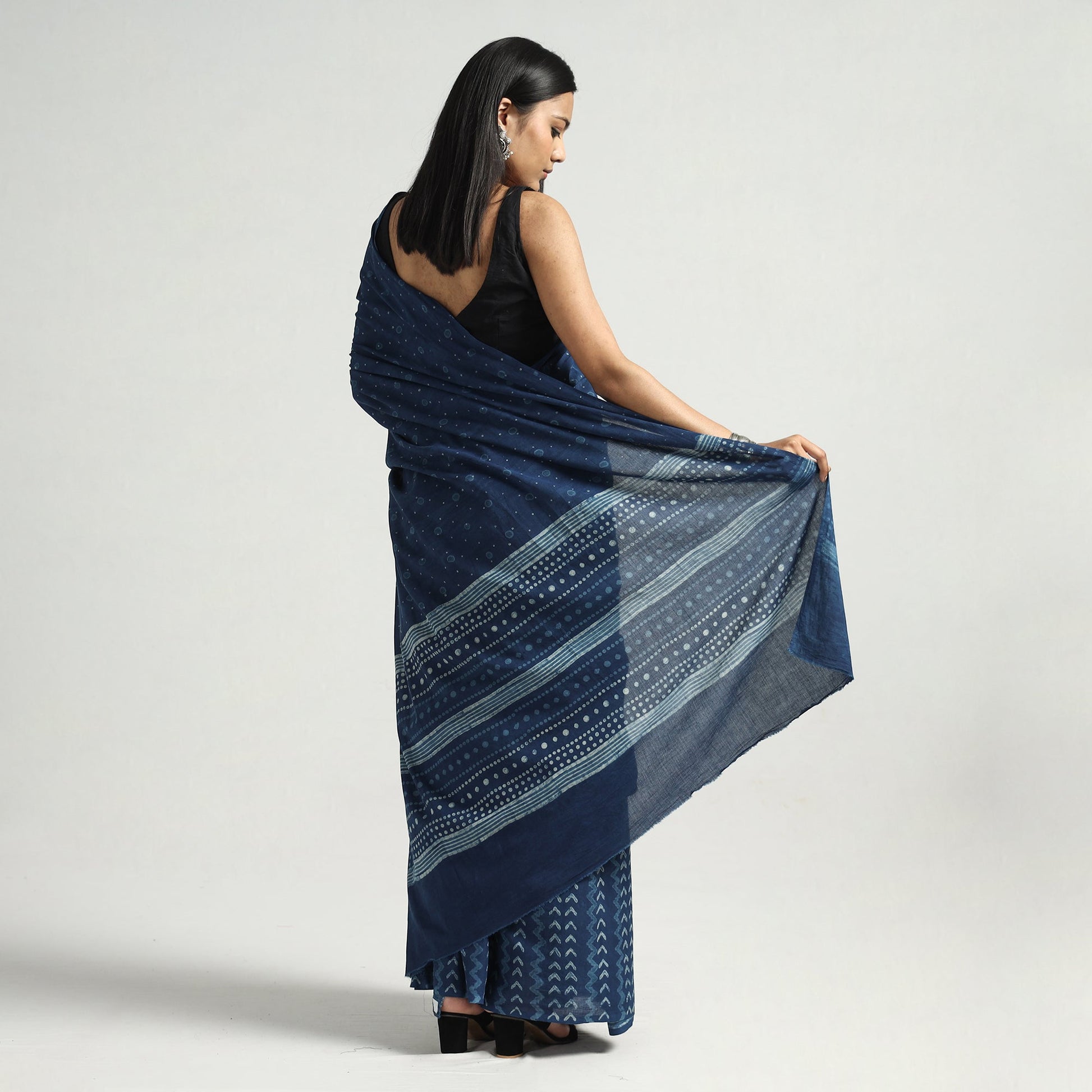 Blue - Akola Hand Block Printed Cotton Saree