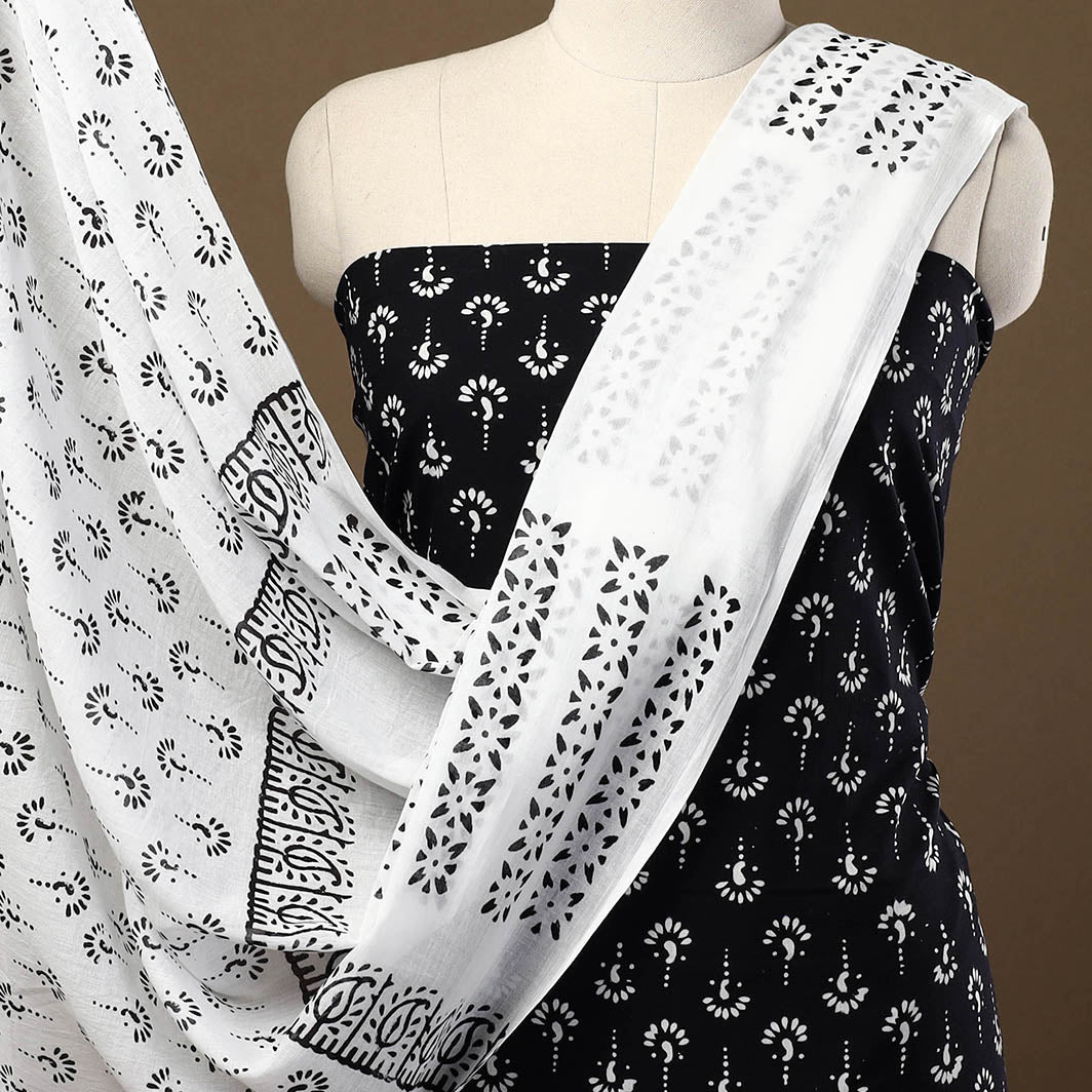 Black - 3pc Sanganeri Block Print Cotton Dress Material 06