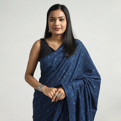 Blue - Akola Hand Block Printed Cotton Saree