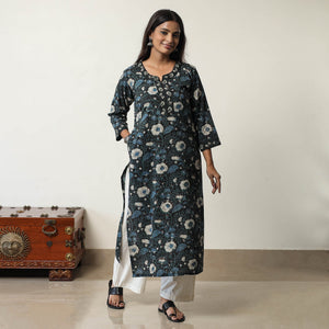 Black - Jahota Block Printed Cotton Straight Kurta 13