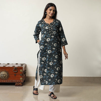 Black - Jahota Block Printed Cotton Straight Kurta 13